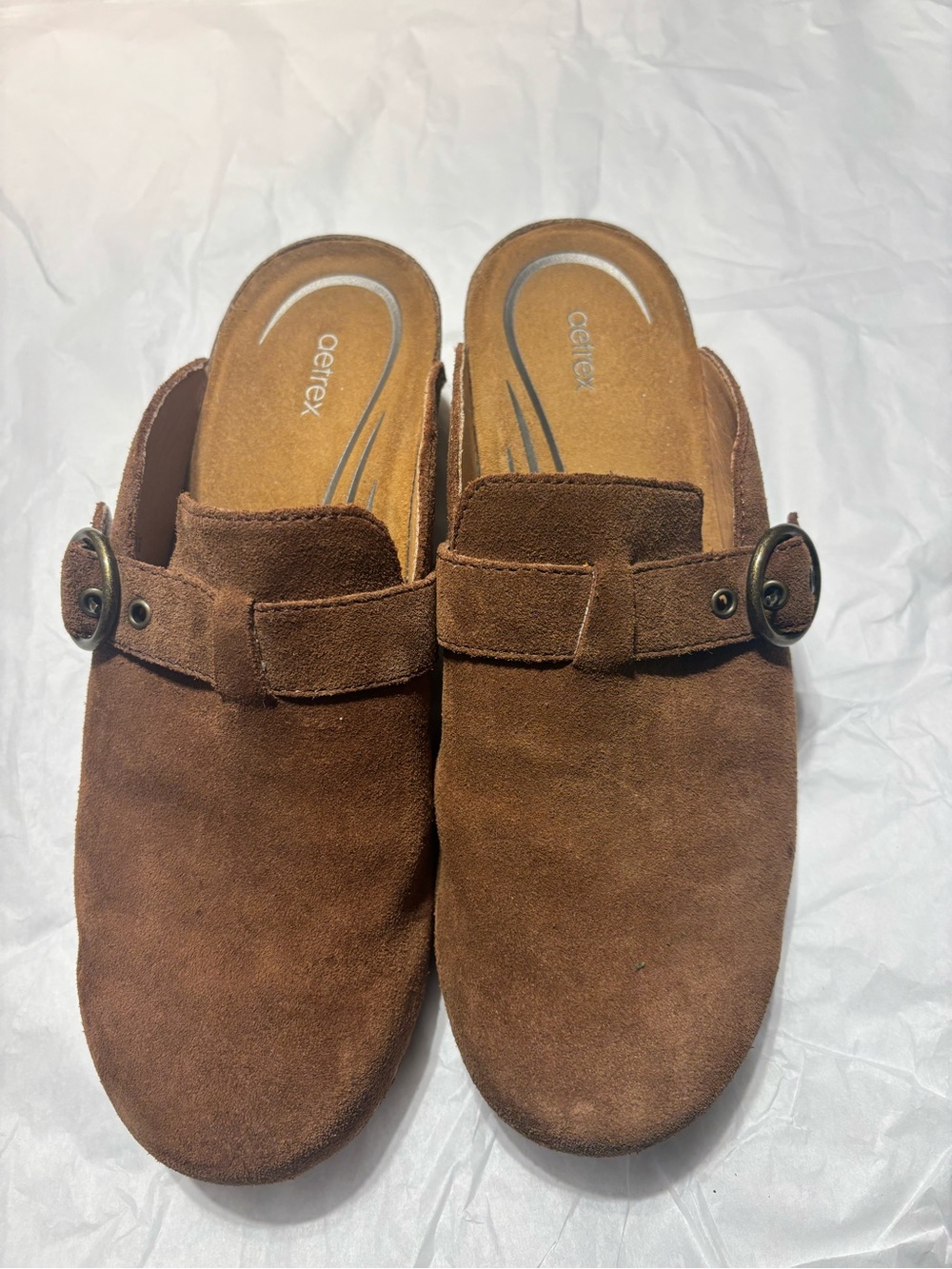 Aetrex Brown Suede Slip-On Clogs with Buckle